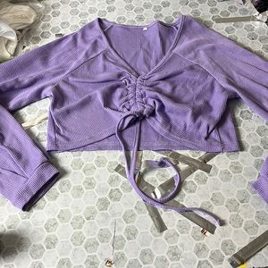 Large Purple Long Sleeve Cropped Cinch Front V Neck Blouse